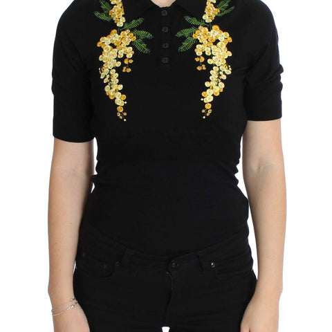 Dolce & Gabbana Black Silk Floral Embroidered Polo Top