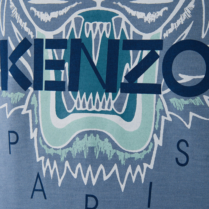 Kenzo Blue Cotton T-Shirt with Tiger Print and Front Logo