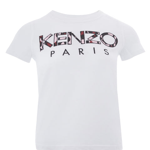 Kenzo White Cotton T-Shirt with Camouflage Logo Applied