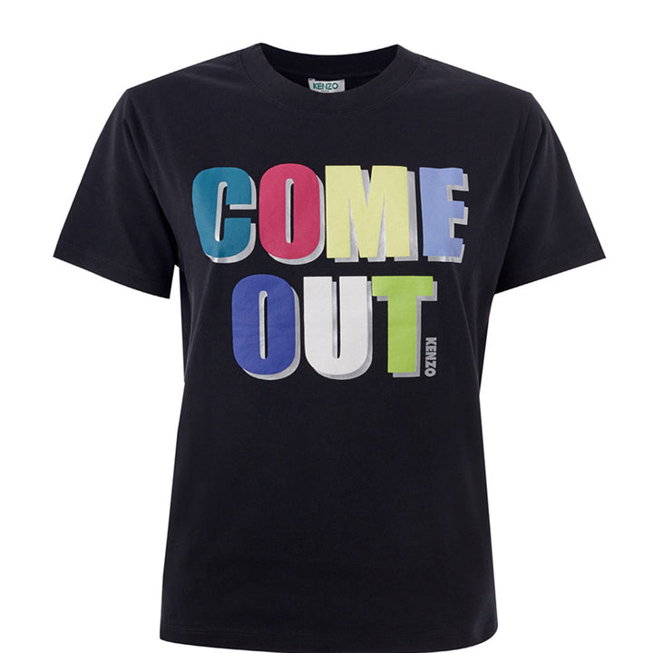 Kenzo Black Cotton T-Shirt with Multicolor Come Out Print