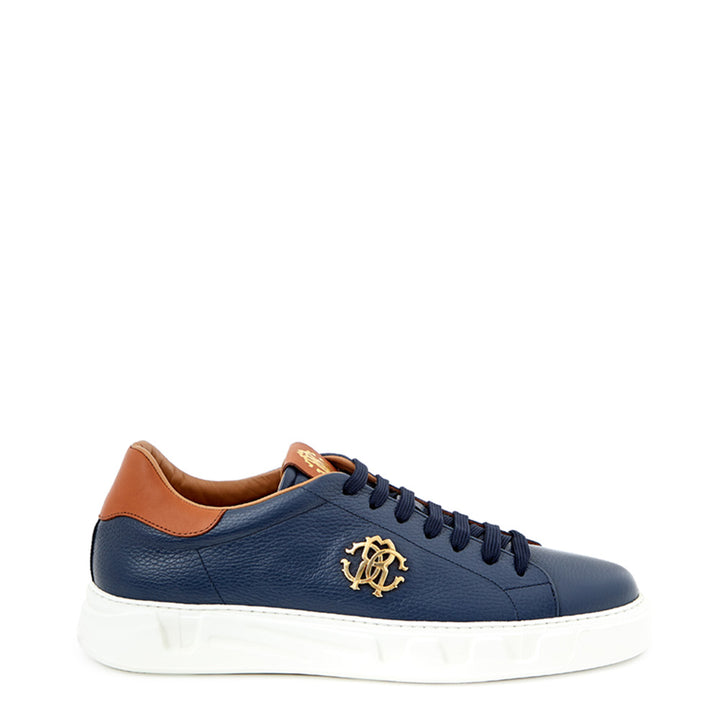 Roberto Cavalli Blue Leather Sneakers with Gold Logo