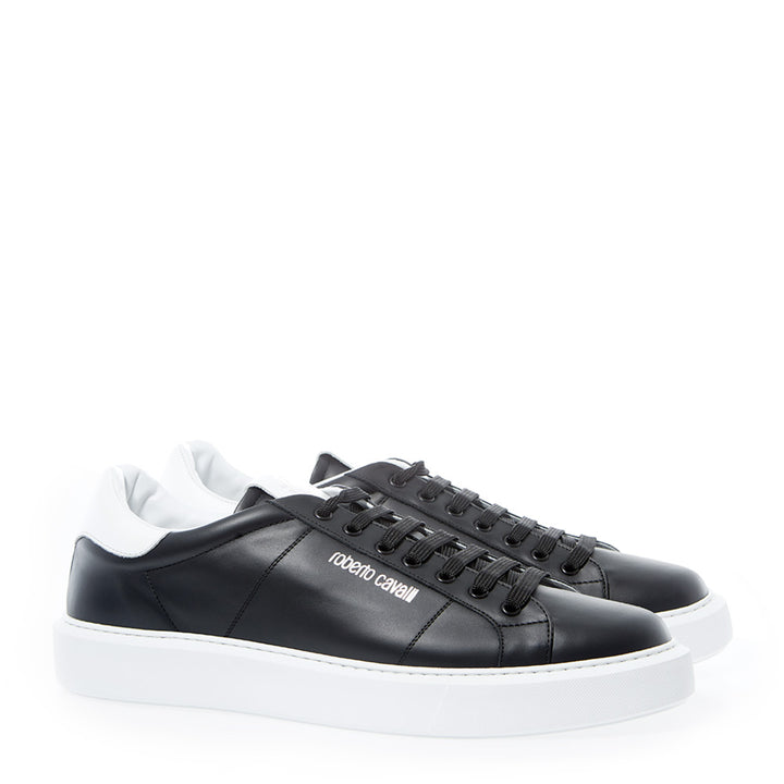 Roberto Cavalli Black Leather Sneakers with Silver Logo