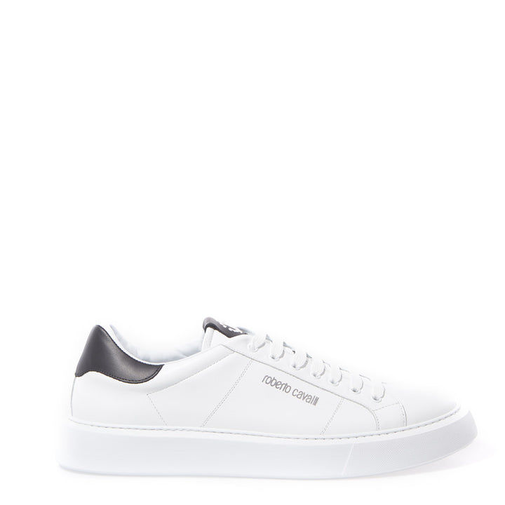 Roberto Cavalli White Leather Sneakers with Silver Logo