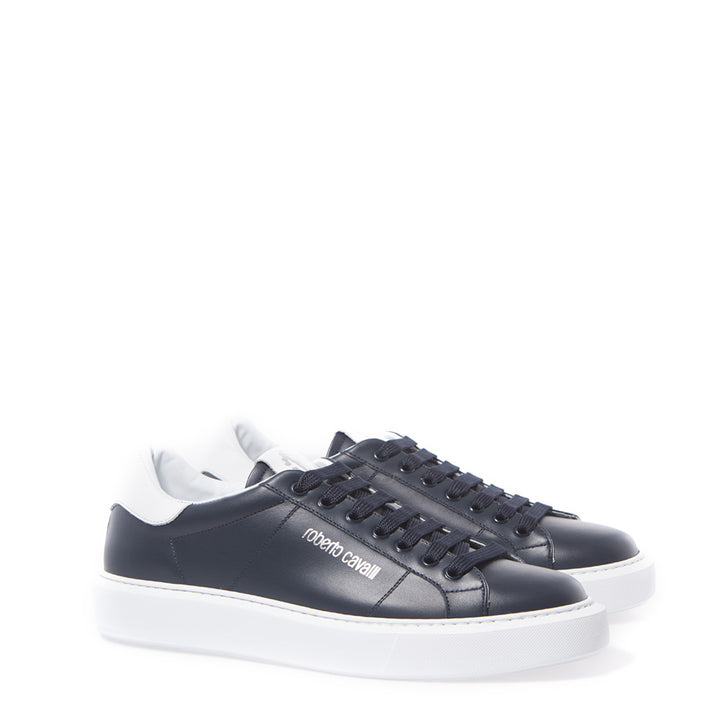 Roberto Cavalli Blue Leather Sneakers with Silver Logo