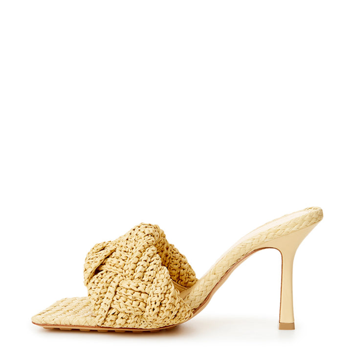 Bottega Veneta Beige Raffia Heeled Sandal Mule with Intreccio