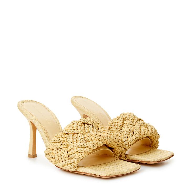 Bottega Veneta Beige Raffia Heeled Sandal Mule with Intreccio