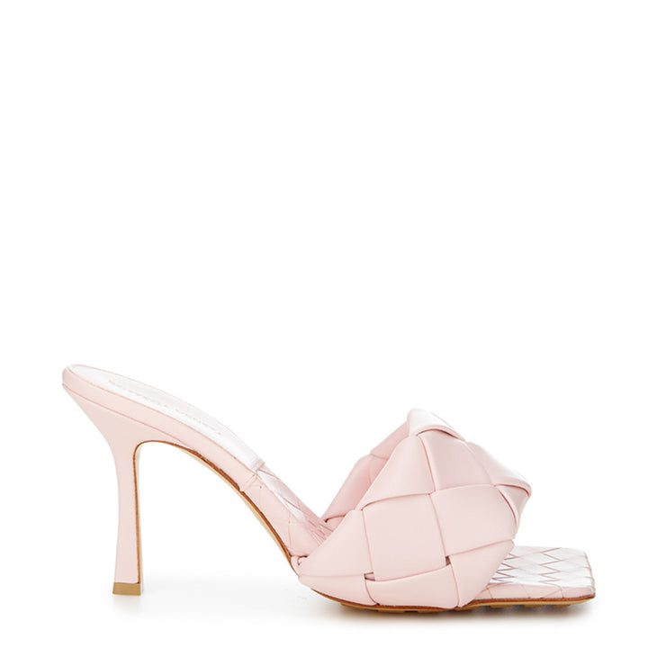 Bottega Veneta Light Pink Leather Heeled Sandal Mule with Intreccio