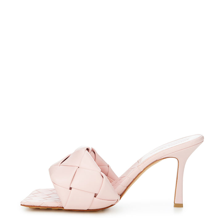 Bottega Veneta Light Pink Leather Heeled Sandal Mule with Intreccio