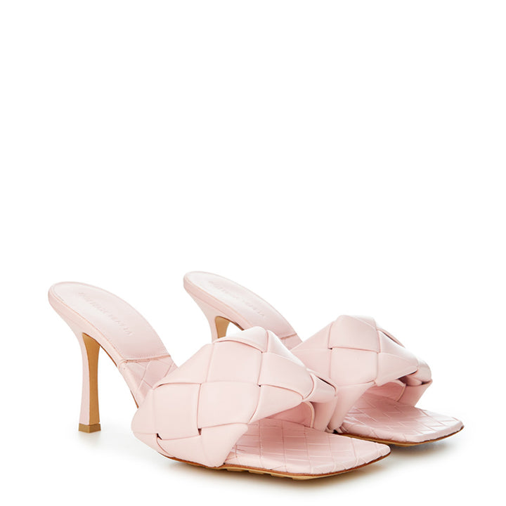 Bottega Veneta Light Pink Leather Heeled Sandal Mule with Intreccio