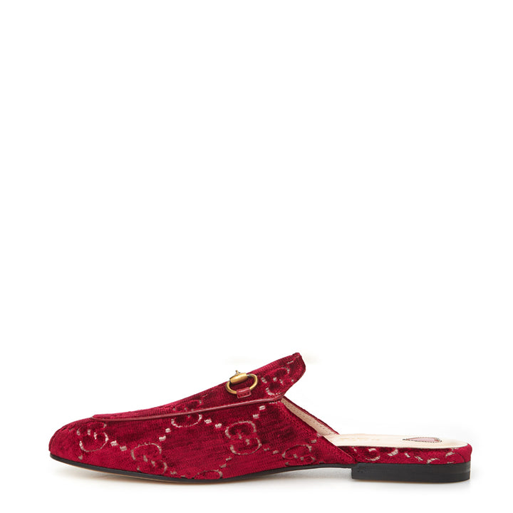 Gucci Red Velvet Princetown Slipper with Logo Allover