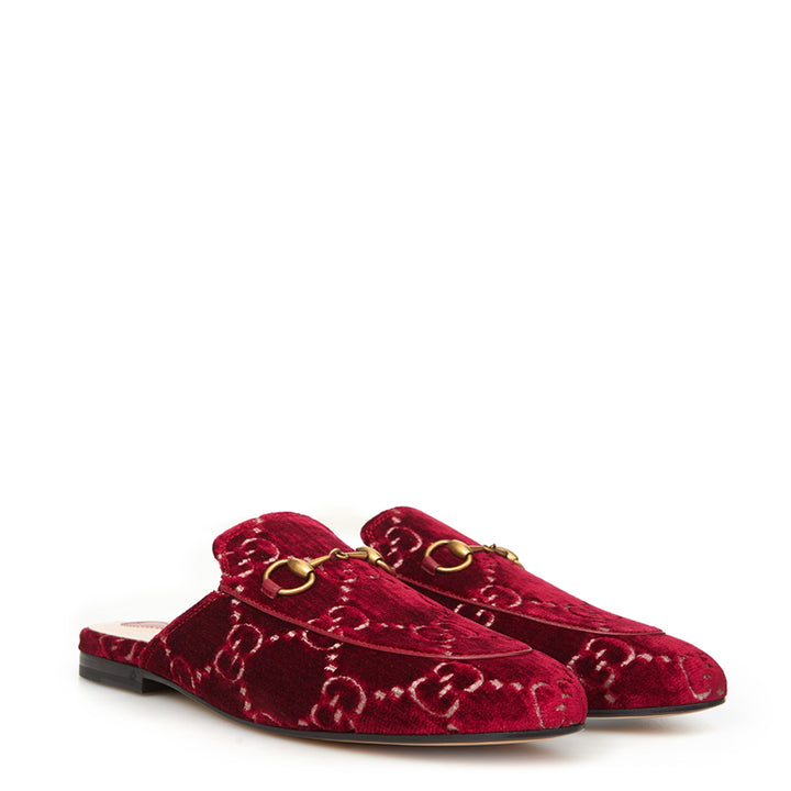 Gucci Red Velvet Princetown Slipper with Logo Allover