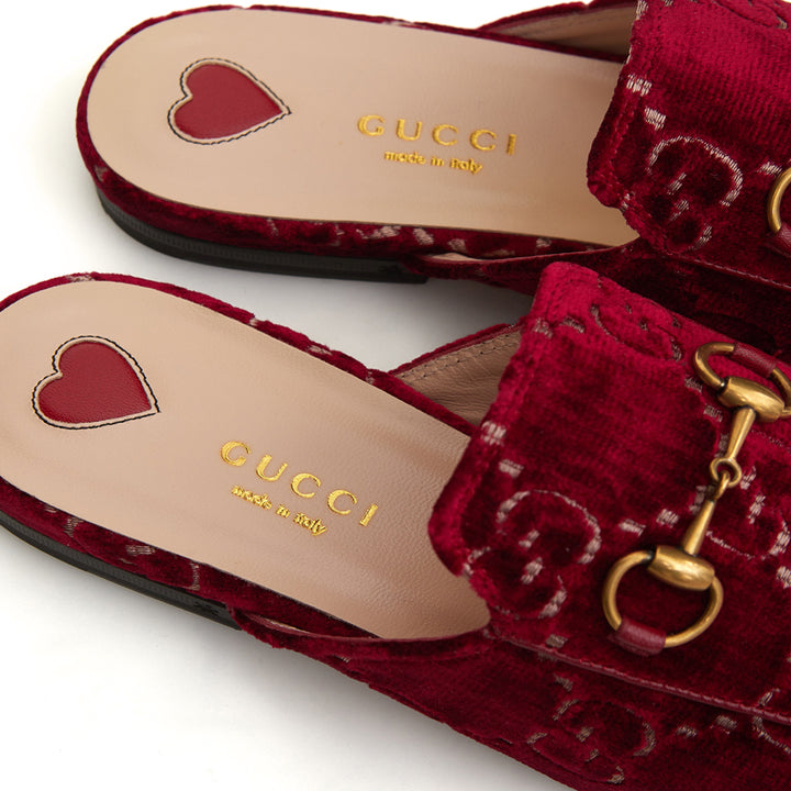 Gucci Red Velvet Princetown Slipper with Logo Allover