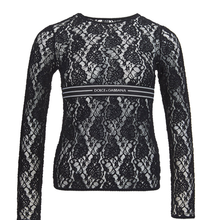 Dolce & Gabbana Black Lace Top with Front band with Logo