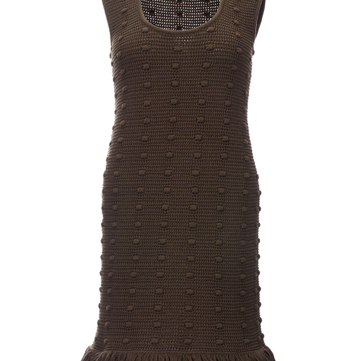 Bottega Veneta Knitted Olive Green Dress with Pompom Details