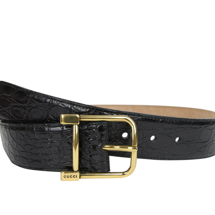 Gucci Gucci Women's Gold Square Buckle Black Crocodile Belt