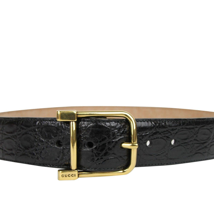 Gucci Gucci Women's Gold Square Buckle Black Crocodile Belt