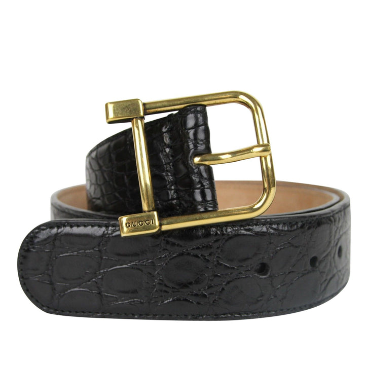 Gucci Gucci Women's Gold Square Buckle Black Crocodile Belt