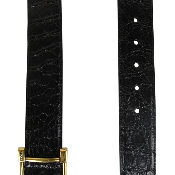 Gucci Gucci Women's Gold Square Buckle Black Crocodile Belt