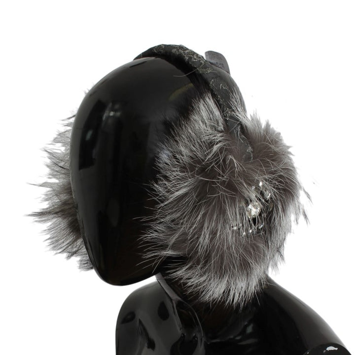 Dolce & Gabbana Gray Fox Fur Crystal Ear Muffs