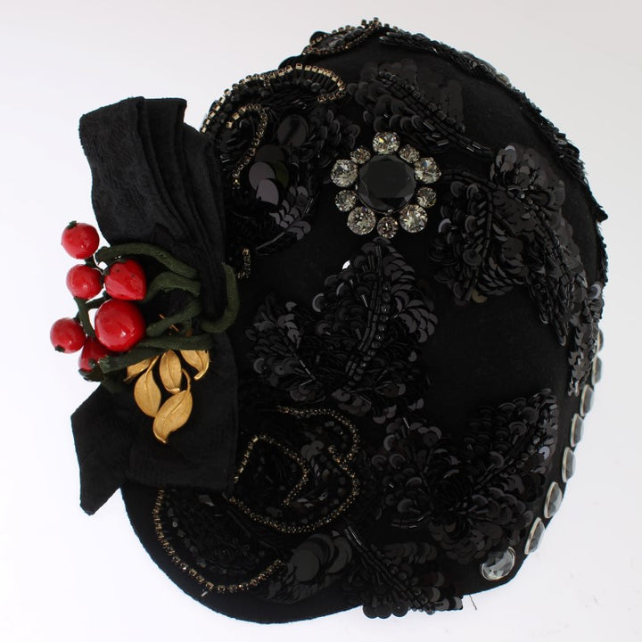 Dolce & Gabbana Black Crystal Gold Cherries Brooch Hat