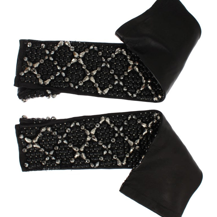 Dolce & Gabbana Black Leather Crystal Beaded Finger Free Gloves