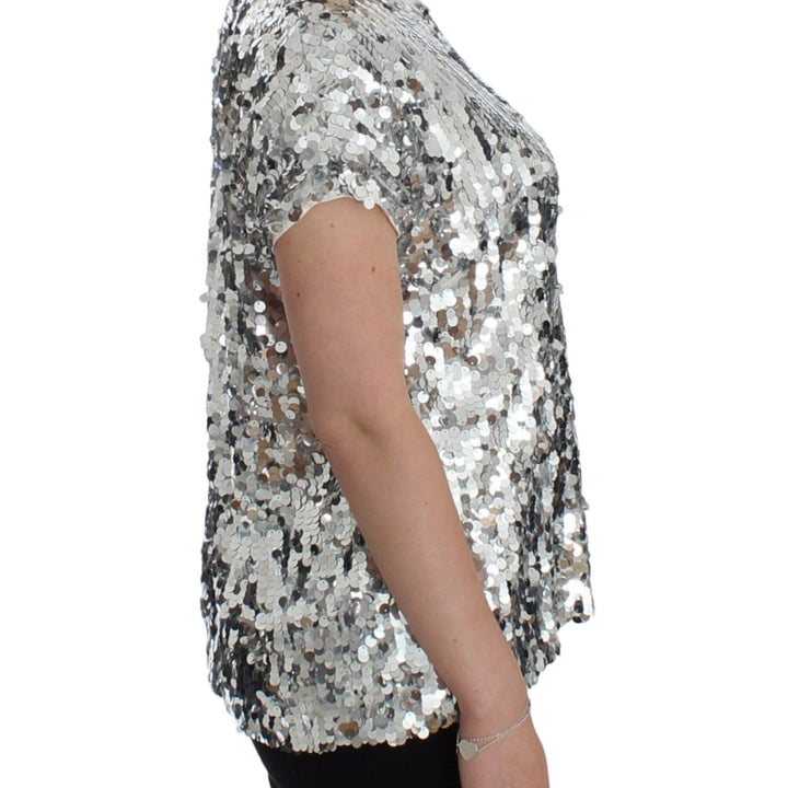 Dolce & Gabbana Silver Sequined Crewneck Blouse T-shirt Top