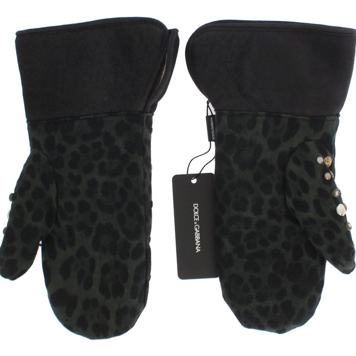 Dolce & Gabbana Gray Wool Shearling Studded Green Leopard Gloves