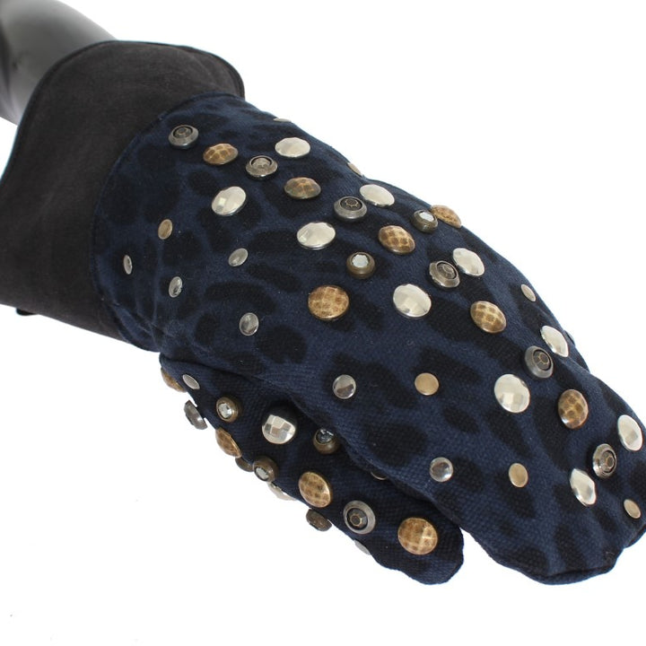 Dolce & Gabbana Gray Wool Shearling Studded Blue Leopard Gloves