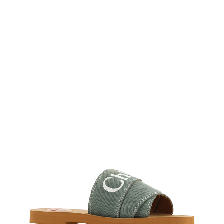 Chloé Forest Green Cotton Slides Woody Sandals