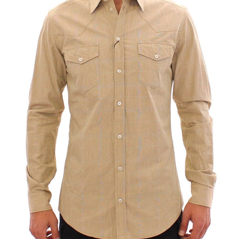 Dolce & Gabbana Beige Checkered SICILIA Fit Logo Casual Shirt