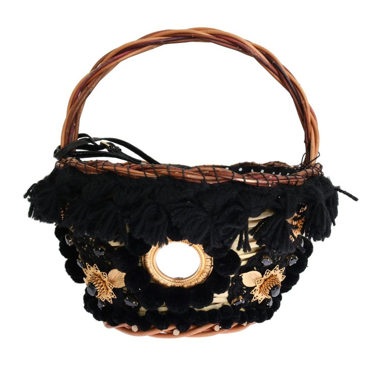 Dolce & Gabbana Beige Straw Snakeskin Pom Pom Crystal AGNESE Bag