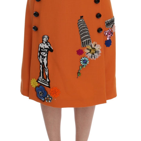 Dolce & Gabbana Orange Wool Crystal Sequin Appliques Skirt