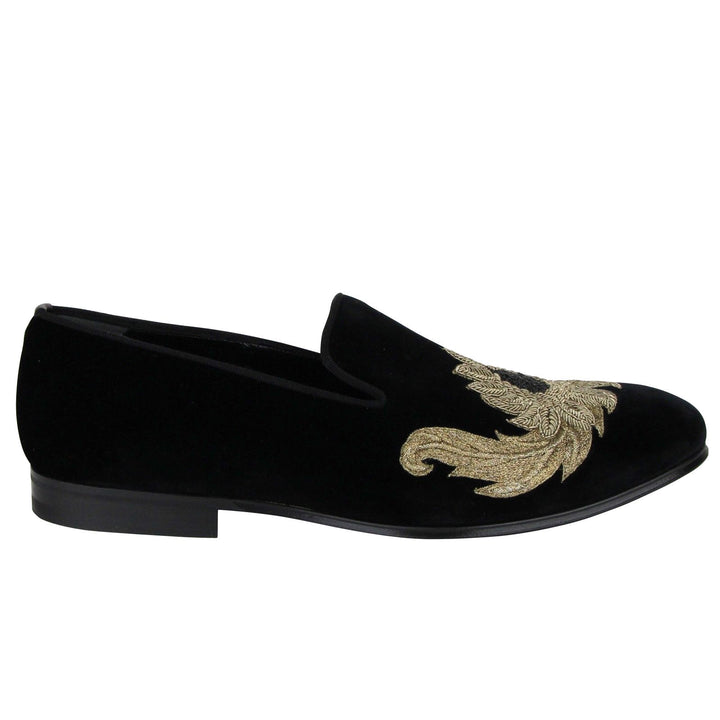 Alexander McQueen Alexander McQueen Men's Gold Embroidered Detail Black Velvet Slip On Shoes