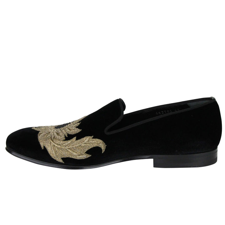 Alexander McQueen Alexander McQueen Men's Gold Embroidered Detail Black Velvet Slip On Shoes