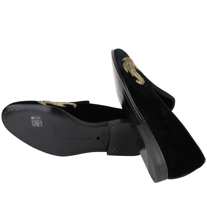 Alexander McQueen Alexander McQueen Men's Gold Embroidered Detail Black Velvet Slip On Shoes