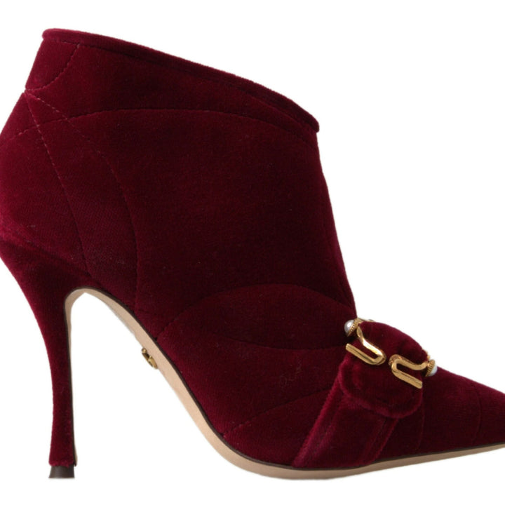 Dolce & Gabbana Burgundy Cotton Blend Velvet Ankle Boots Heel Shoes