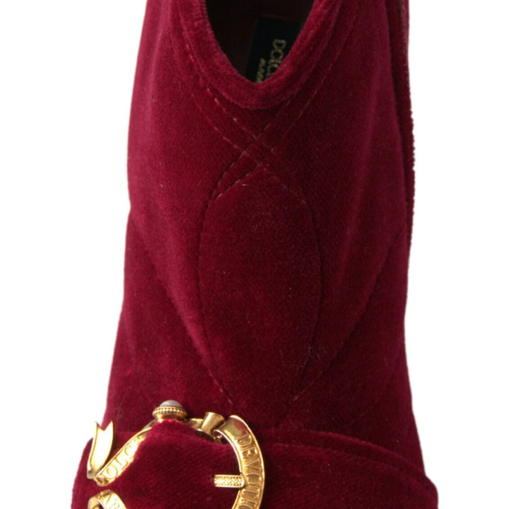 Dolce & Gabbana Burgundy Cotton Blend Velvet Ankle Boots Heel Shoes