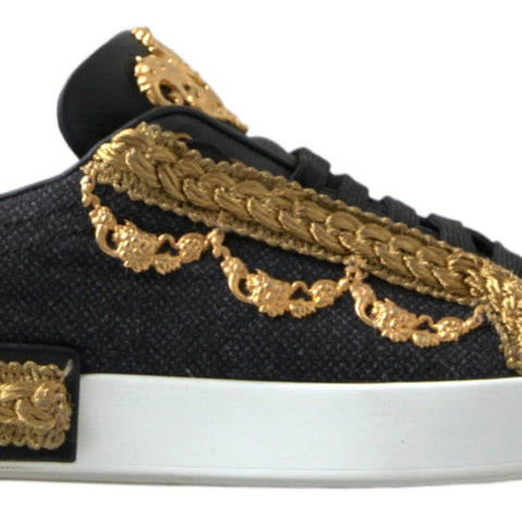 Dolce & Gabbana Black Gold Baroque Portofino Sneakers Shoes