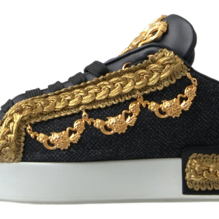 Dolce & Gabbana Black Gold Baroque Portofino Sneakers Shoes