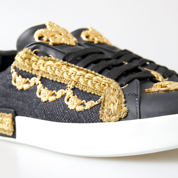 Dolce & Gabbana Black Gold Baroque Portofino Sneakers Shoes