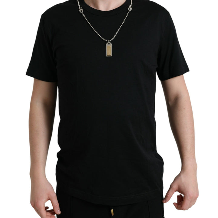 Dolce & Gabbana Black Cotton Dog Tag Round Neck T-shirt