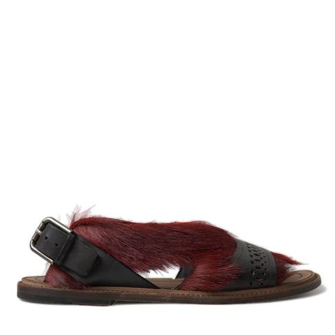 Dolce & Gabbana Red Black Fur Sandals Flats Slippers Shoes