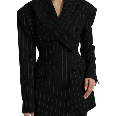 Dolce & Gabbana Black Striped Wool DoubleBreasted Coat Jacket