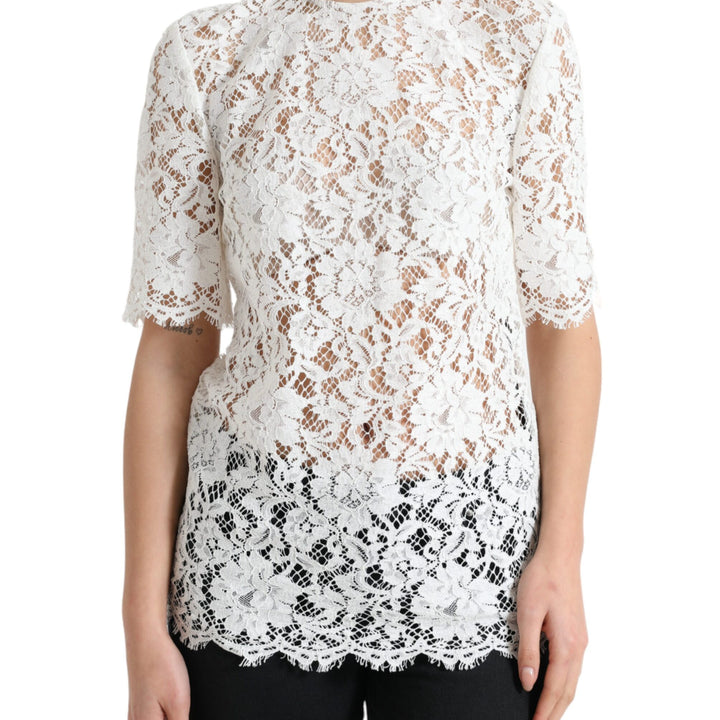 Dolce & Gabbana White Floral Lace Cotton Round Neck Blouse Top