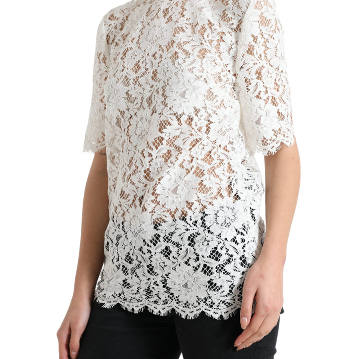 Dolce & Gabbana White Floral Lace Cotton Round Neck Blouse Top