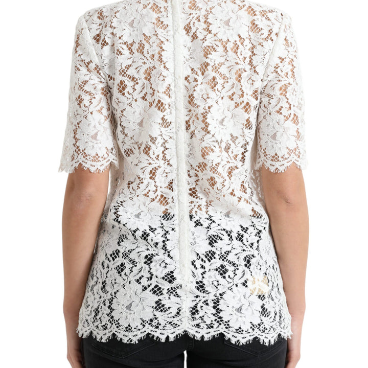 Dolce & Gabbana White Floral Lace Cotton Round Neck Blouse Top