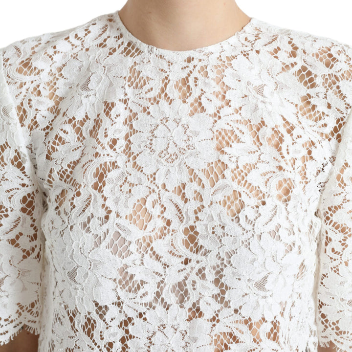 Dolce & Gabbana White Floral Lace Cotton Round Neck Blouse Top