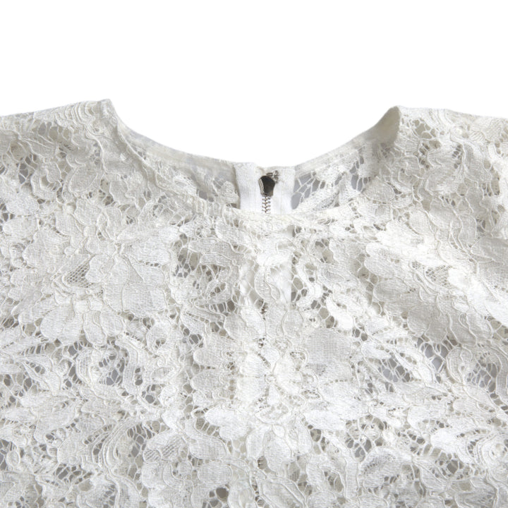 Dolce & Gabbana White Floral Lace Cotton Round Neck Blouse Top