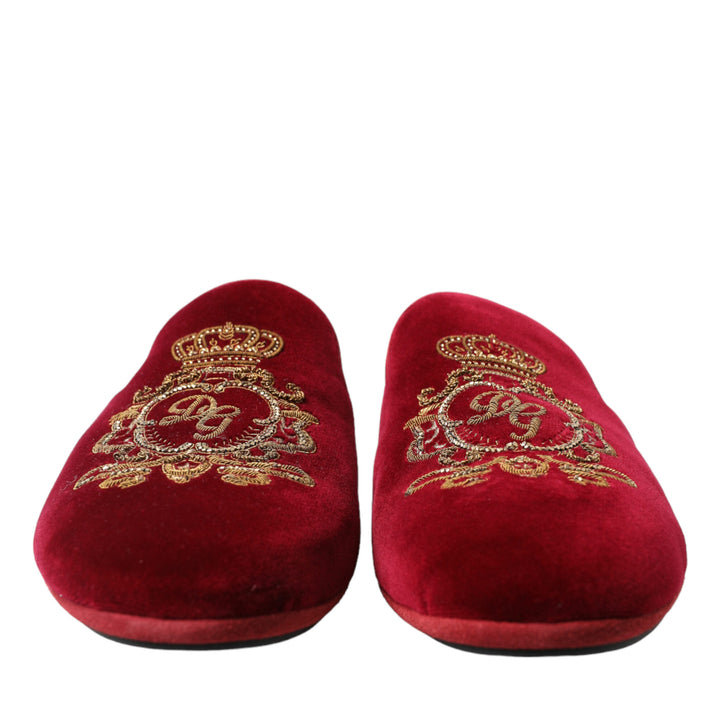 Dolce & Gabbana Bordeaux Velvet Gold Crown Embroidery Slides Shoes