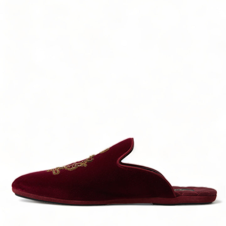 Dolce & Gabbana Bordeaux Velvet Gold Crown Embroidery Slides Shoes